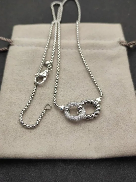 David Yurman 925 Silver Pave Diamond Cable Loop Necklace with Original Pouch - Picture 3 of 4